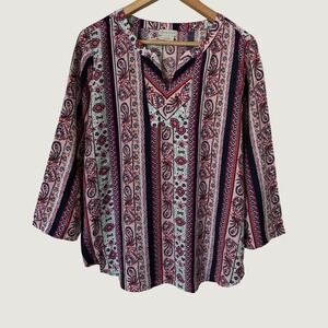 Van Heusen Women‎ Pink Paisley Striped V-Neck Blouse 3/4 Sleeve Top Large Boho